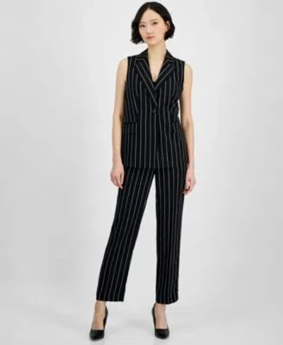 Anne Klein Klein Womens Pinstripe Sleeveless Single Button Blazer Mid Rise Pull On Pants In Anne Black,anne White
