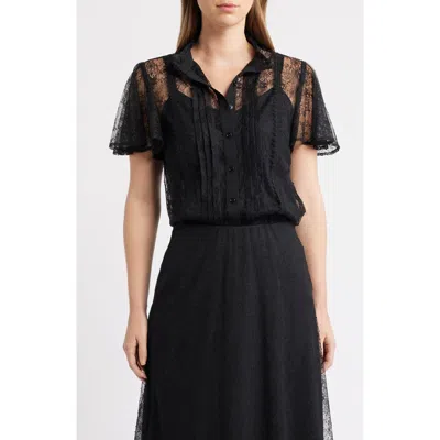 Anne Klein Lace Flutter Sleeve Button-up Shirt In Black