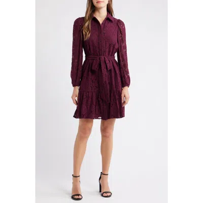 Anne Klein Lace Long Sleeve Tiered Shirtdress In Purple