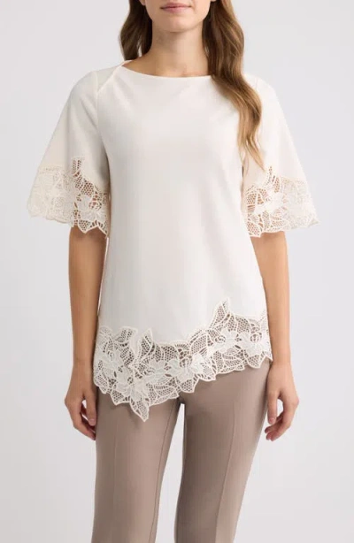 Anne Klein Lace Trim Asymmetrical Hem Top In White