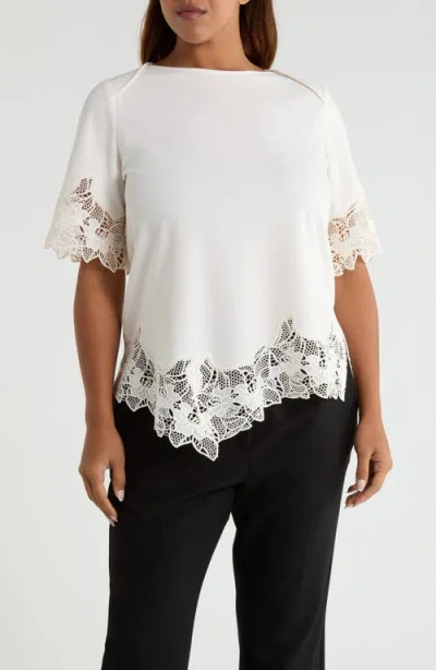 Anne Klein Lace Trim Asymmetrical Knit Top In White