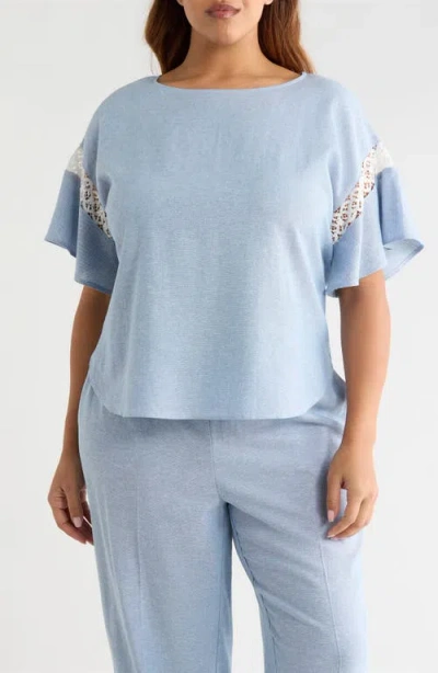 Anne Klein Lace Trim Flutter Sleeve Linen Blend Top In Blue