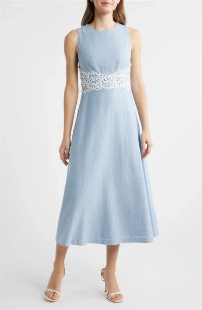 Anne Klein Lace Trim Linen Blend Midi Dress In Blue