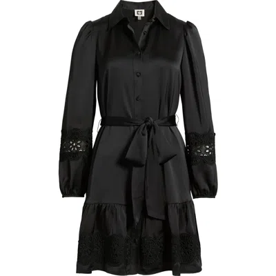 Anne Klein Lace Trim Long Sleeve Tie Belt Satin Shirtdress In Black