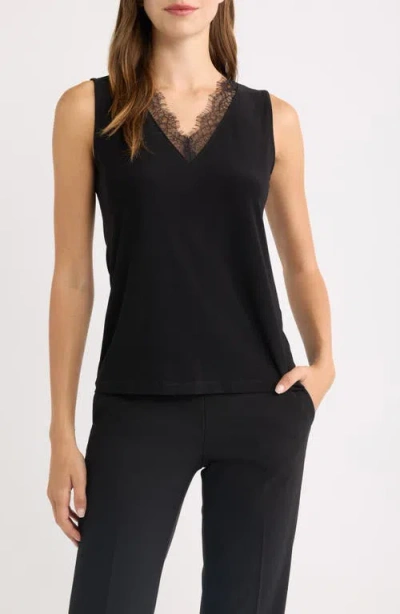 Anne Klein Lace Trim V-neck Tank In Black