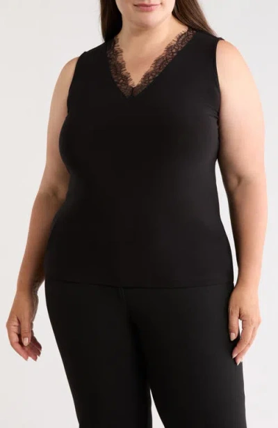 Anne Klein Plus Size V-neck Lace-trim Tank In Black