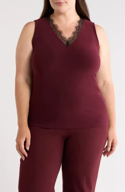 Anne Klein Plus Size V-neck Lace-trim Tank In Burgundy