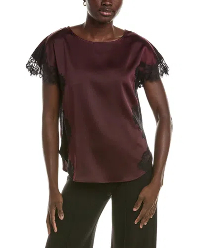 Anne Klein Lace Trimmed Bateau Neck Montreal Satin Top In Burgundy