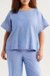 Anne Klein Ladder Stitch Detail Linen Blend Top In Blue