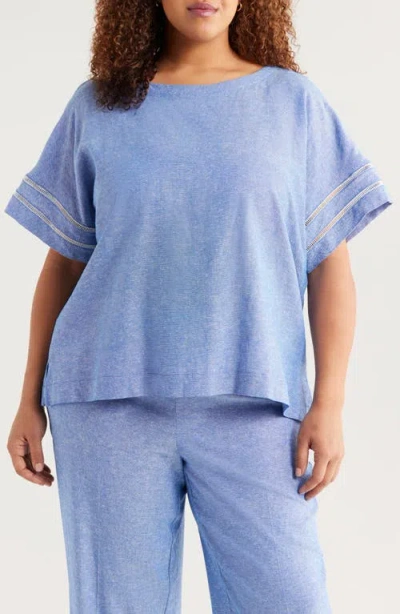 Anne Klein Ladder Stitch Detail Linen Blend Top In Blue