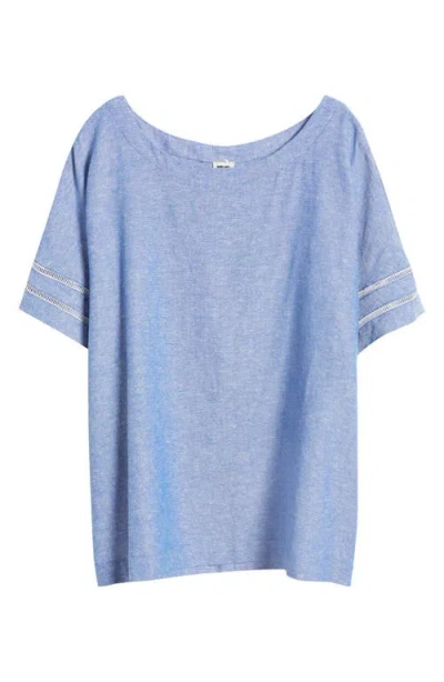 Anne Klein Ladder Stitch Detail Linen Blend Top In Santorini Blue/brt Wht