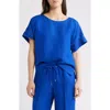 Anne Klein Ladder Stitch Inset Linen Blend Top In Santorini Blue