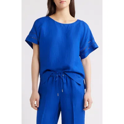Anne Klein Ladder Stitch Inset Linen Blend Top In Santorini Blue