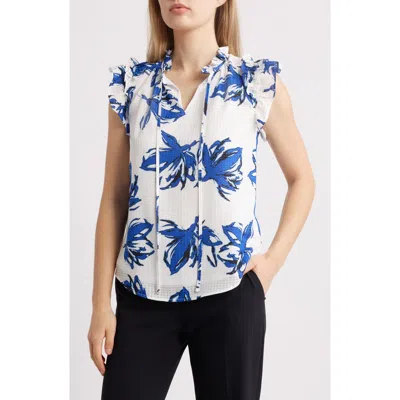 Anne Klein Layered Ruffle Tie Neck Top In Blue