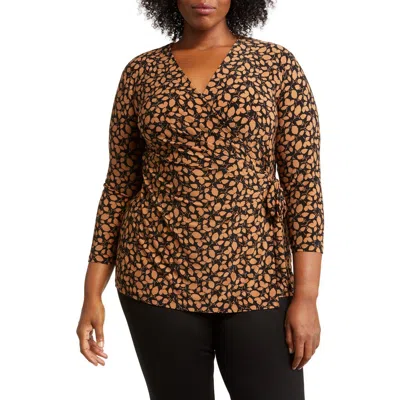 Anne Klein Leaf Print Faux Wrap Top In Black