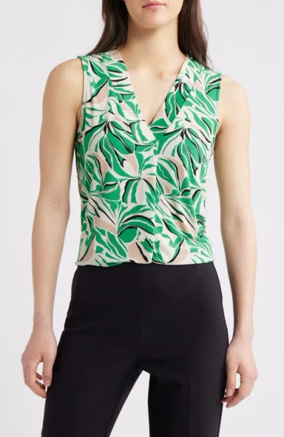 Anne Klein Leaf Print Pleat Front Shell In Tropical Green Multi