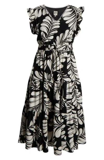 Anne Klein Leaf Print Ruffle Tie Waist Midi Dress In Black