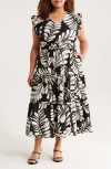 Anne Klein Leaf Print Ruffle Tie Waist Midi Dress