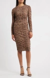 Anne Klein Leopard Print Long Sleeve Midi Dress In Brown