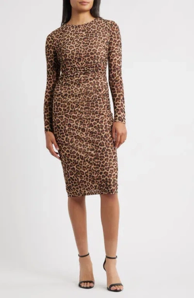 Anne Klein Leopard Print Long Sleeve Midi Dress In Brown