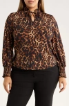 Anne Klein Womens Animal Print Ruffle Split Neck Top P Xxs 3x In Brown