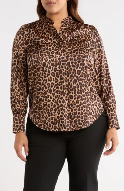 Anne Klein Leopard Print Satin Button-up Shirt In Animal Print