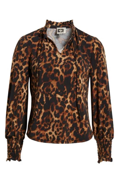Anne Klein Leopard Print Split Neck Smocked Cuff Top In Multi
