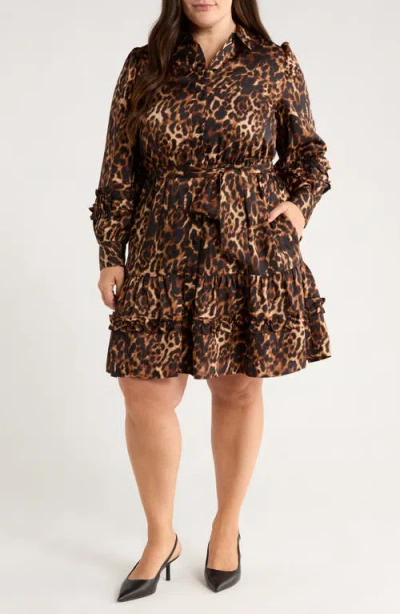 Anne Klein Leopard Tie Waist Long Sleeve Shirtdress In Brown