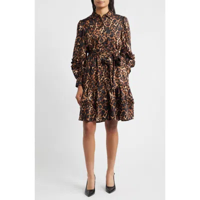 Anne Klein Leopard Tie Waist Long Sleeve Shirtdress In Multi