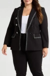 ANNE KLEIN ANNE KLEIN LEOPARD TRIM FAUX DOUBLE BREASTED BLAZER