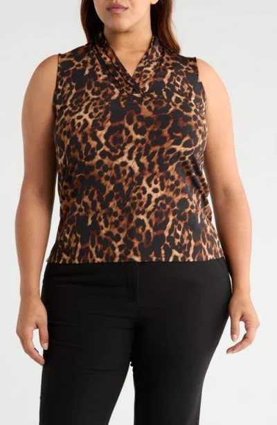 Anne Klein Leopard Triple Pleat Sleeveless Top In Multi