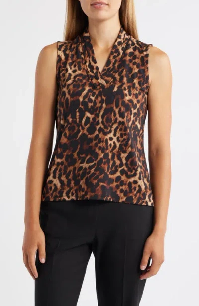 Anne Klein Leopard Triple Pleat Sleeveless Top In Brown