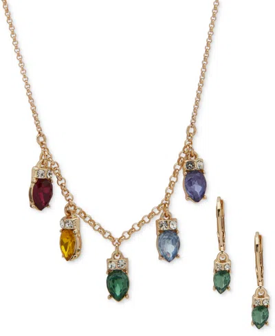 Anne Klein Light Strand Multi-stone Gold-tone Frontal Necklace And Earring Set