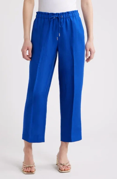 Anne Klein Linen Blend Crop Wide Leg Drawstring Pants In Santorini Blue