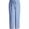 Anne Klein Drawstring Linen-blend Wide Leg Pant In Santorini Blue/brt Wht