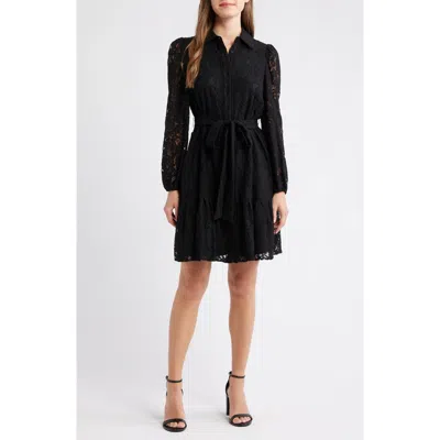 Anne Klein Long Sleeve Lace Shirtdress In Black