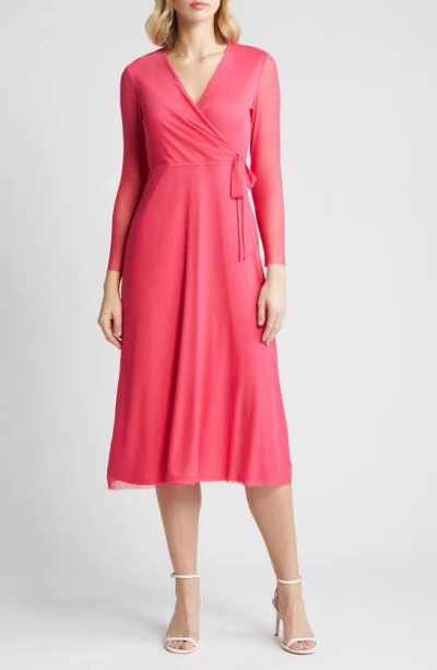 Anne Klein Long Sleeve Midi Wrap Dress In Rich Camellia