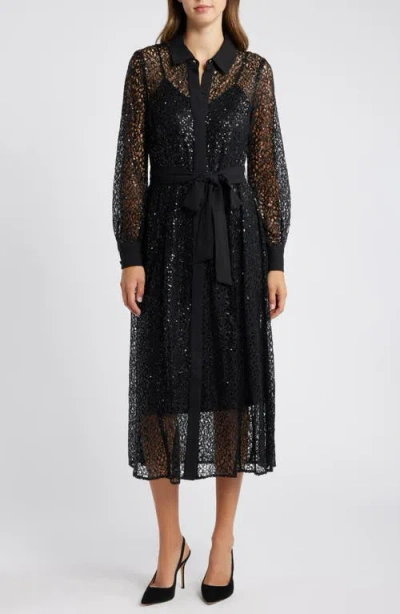 Anne Klein Long Sleeve Sequin Lace Shirtdress In Black