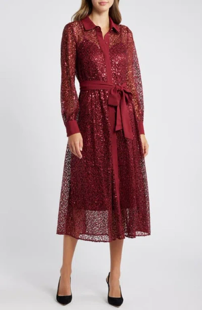 Anne Klein Long Sleeve Sequin Lace Shirtdress In Cabernet Noir