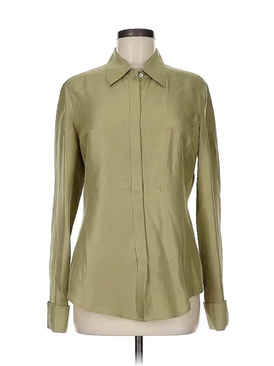 Pre-owned Anne Klein Long Sleeve Silk Top Green Solid Pattern Collared Neckline Tops