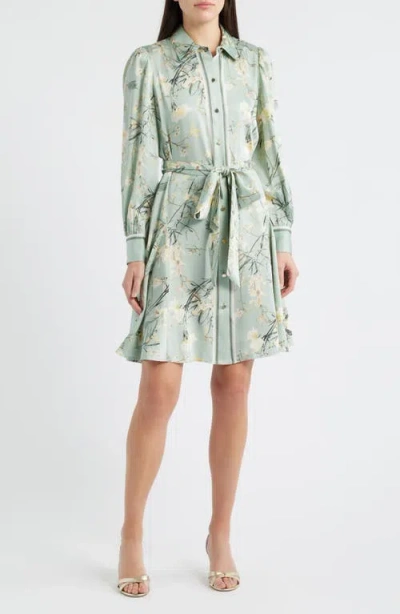 Anne Klein Long Sleeve Tie Belt Satin Twill Shirtdress In Green