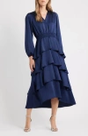 Anne Klein Long Sleeve Tiered High-low Satin Dress In Blue