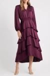 Anne Klein Long Sleeve Tiered High-low Satin Dress In Purple