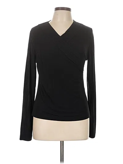 Pre-owned Anne Klein Long Sleeve Top Black Solid Pattern V-neck Tops