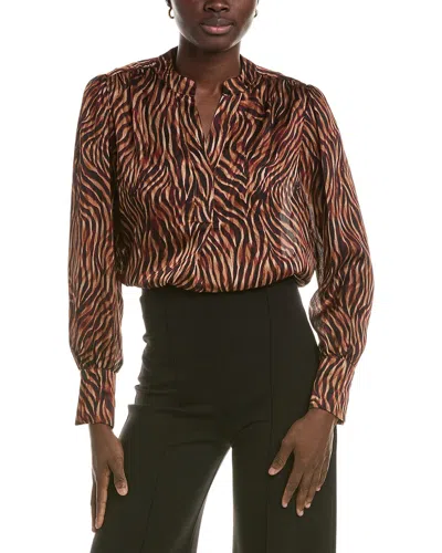 Anne Klein Long Sleeve V Neck Pleat Front Blouse In Multi