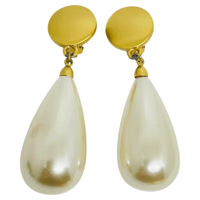 Pre-owned Anne Klein Matte Gold Huge Drop Glass Pearl Designer Clip On Earrings In Multi