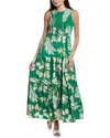 Anne Klein Palm Print Smocked Tiered Maxi Dress In Green