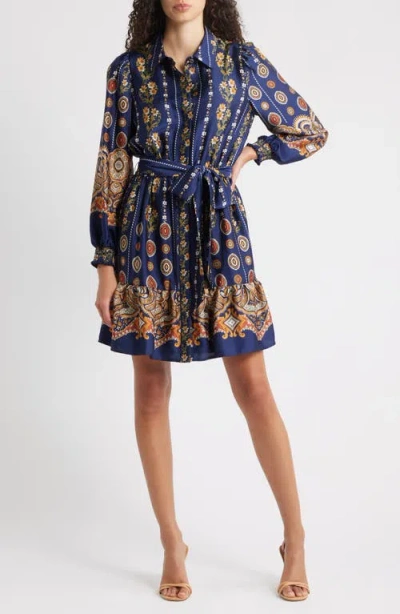 Anne Klein Medallion Print Long Sleeve Tie Waist Shirtdress In Blue