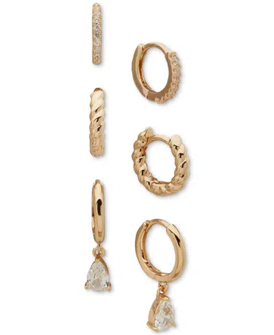 Anne Klein Metal 3-pc. Set Texture Crystal Hoop Earrings In Gold