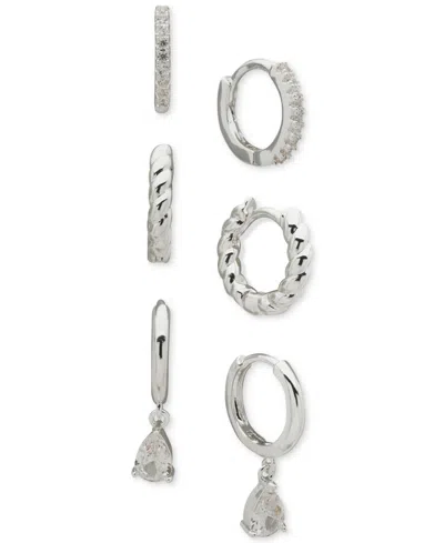 Anne Klein Metal 3-pc. Set Texture Crystal Hoop Earrings In Silver